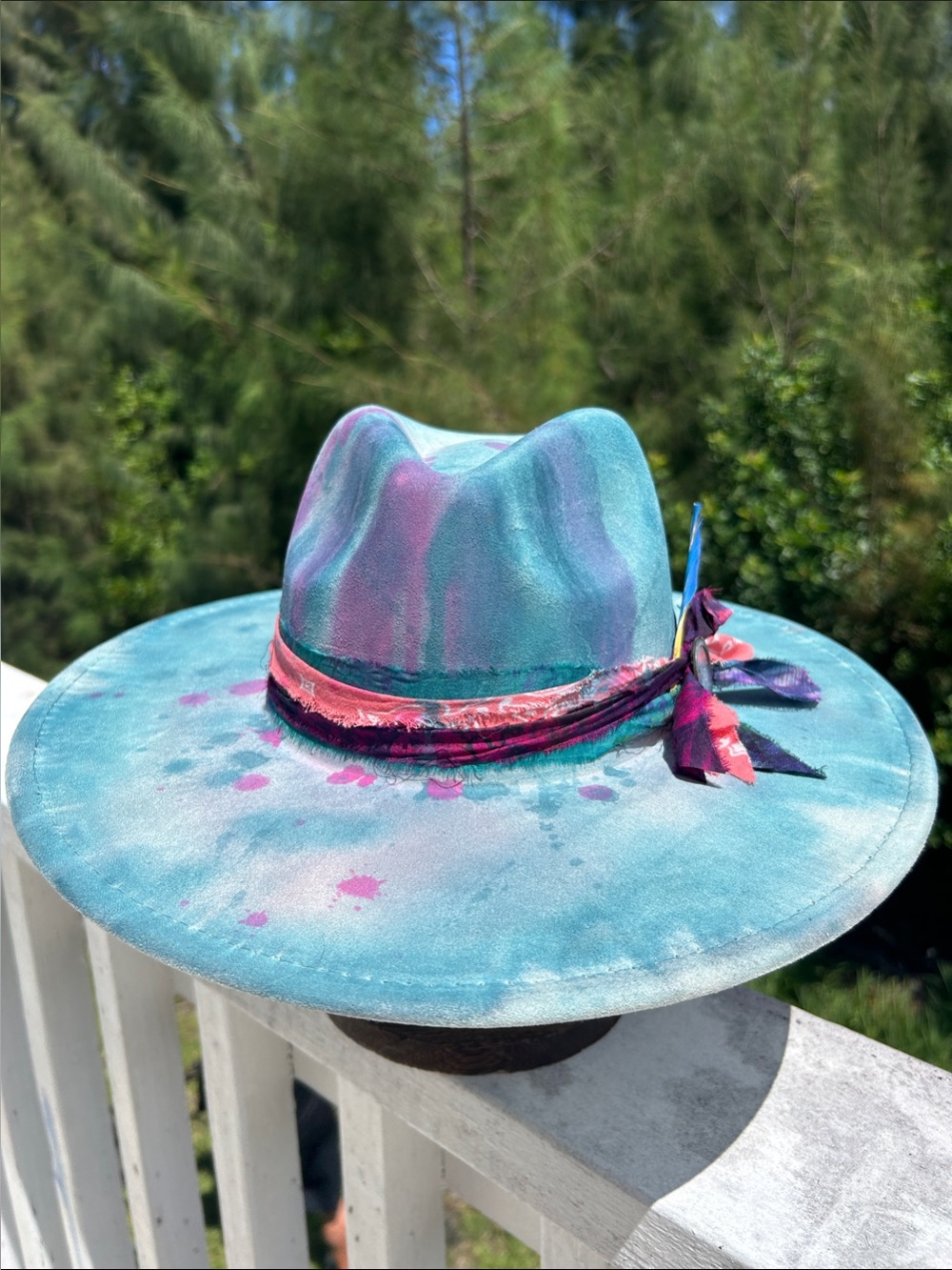 Hand-Painted Teal & Pink Wide-Brim Fedora Hat